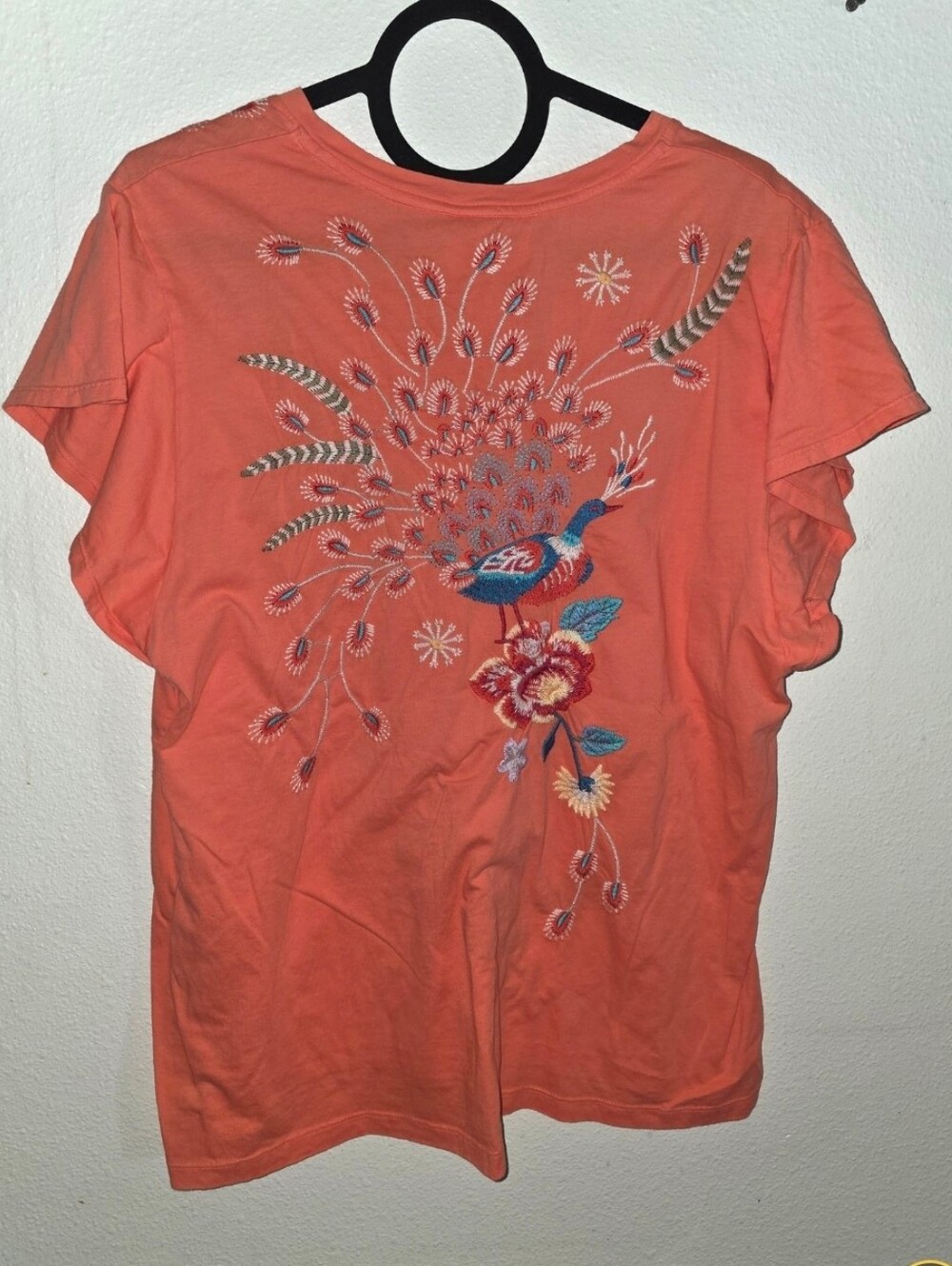 Johnny Was XL Short Sleeve Tops Tunic Coral With Embroidered Peacock NWT - Picture 6 of 9